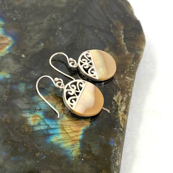 Sterling Silver 925 Round Mother Of Pearl MOP Scrollwork Accent Dangle Earrings - Picture 13 of 16